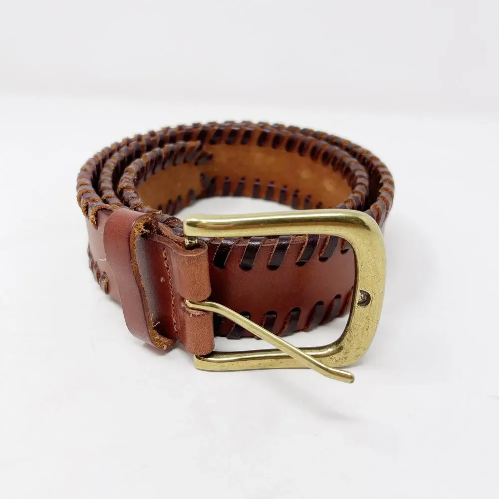 Linea Pelle Vintage Leather Braided Belt Camel Brown Gold Tone Hardware 36.5